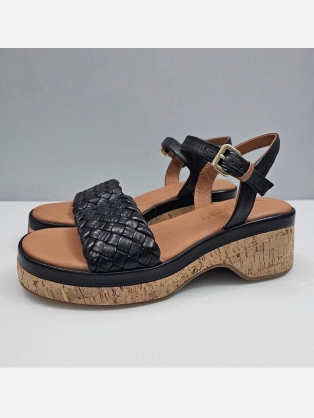 gentle souls Black Woven Leather Cork Platform Sandals